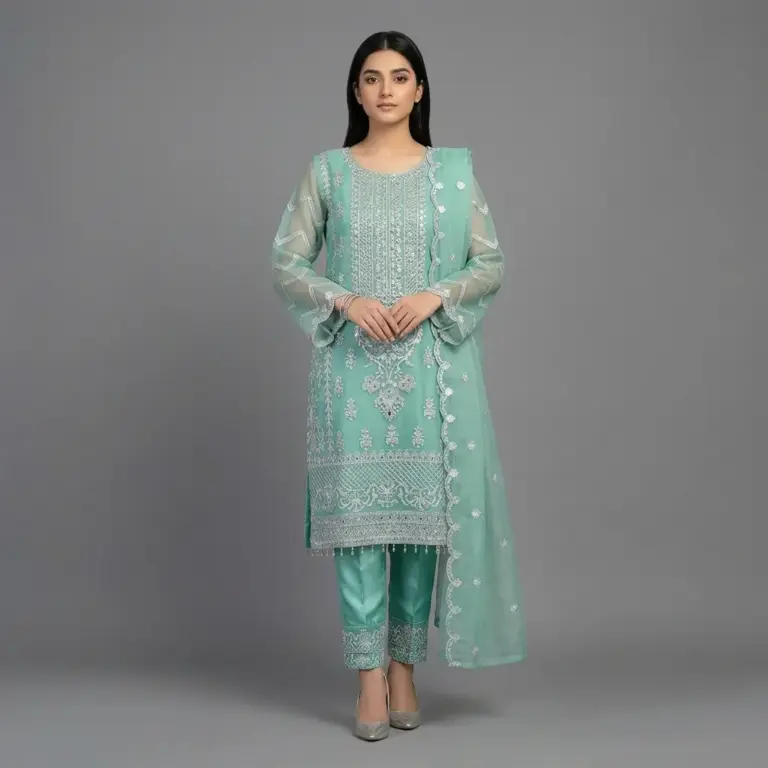 Premium Embroidered Organza 3-Piece Suit | KQ162 - Image 6