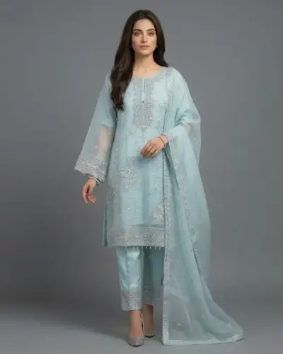 Luxury Embroidered Organza 3-Piece Suit | KQ163 | Light Green