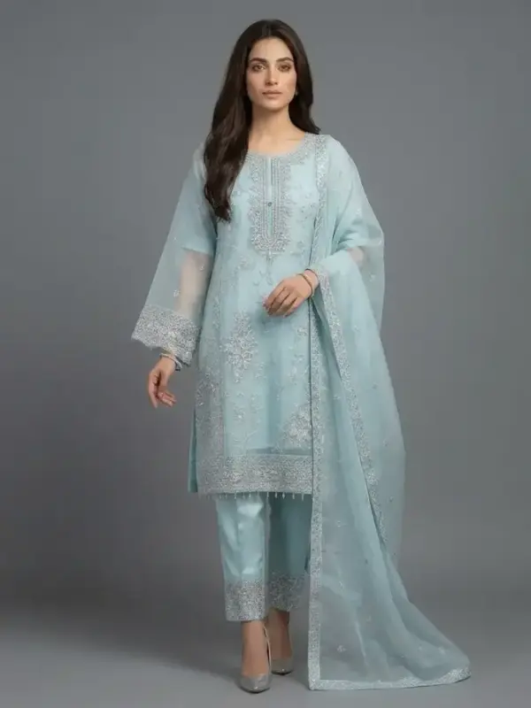 Luxury Embroidered Organza 3-Piece Suit | KQ163 | Light Green