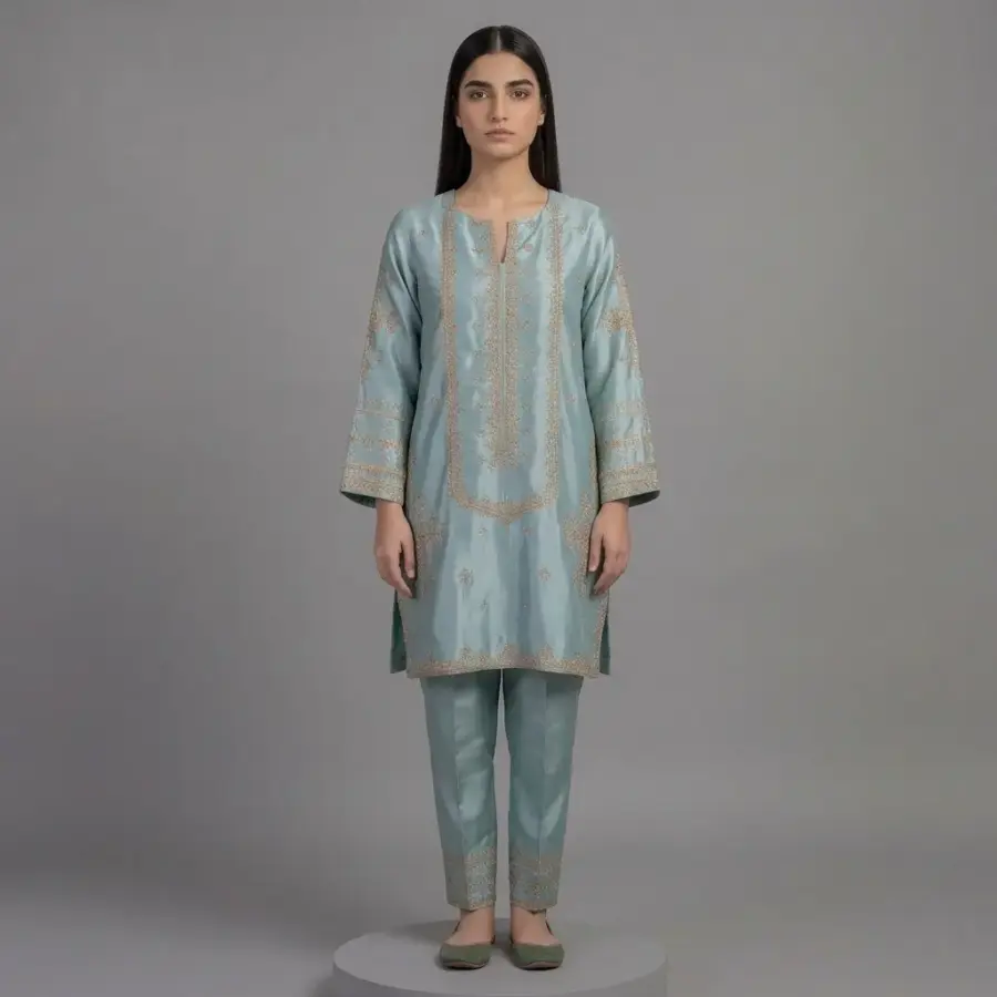 Elegant Embroidered Silk 2-Piece Suit | KQ169