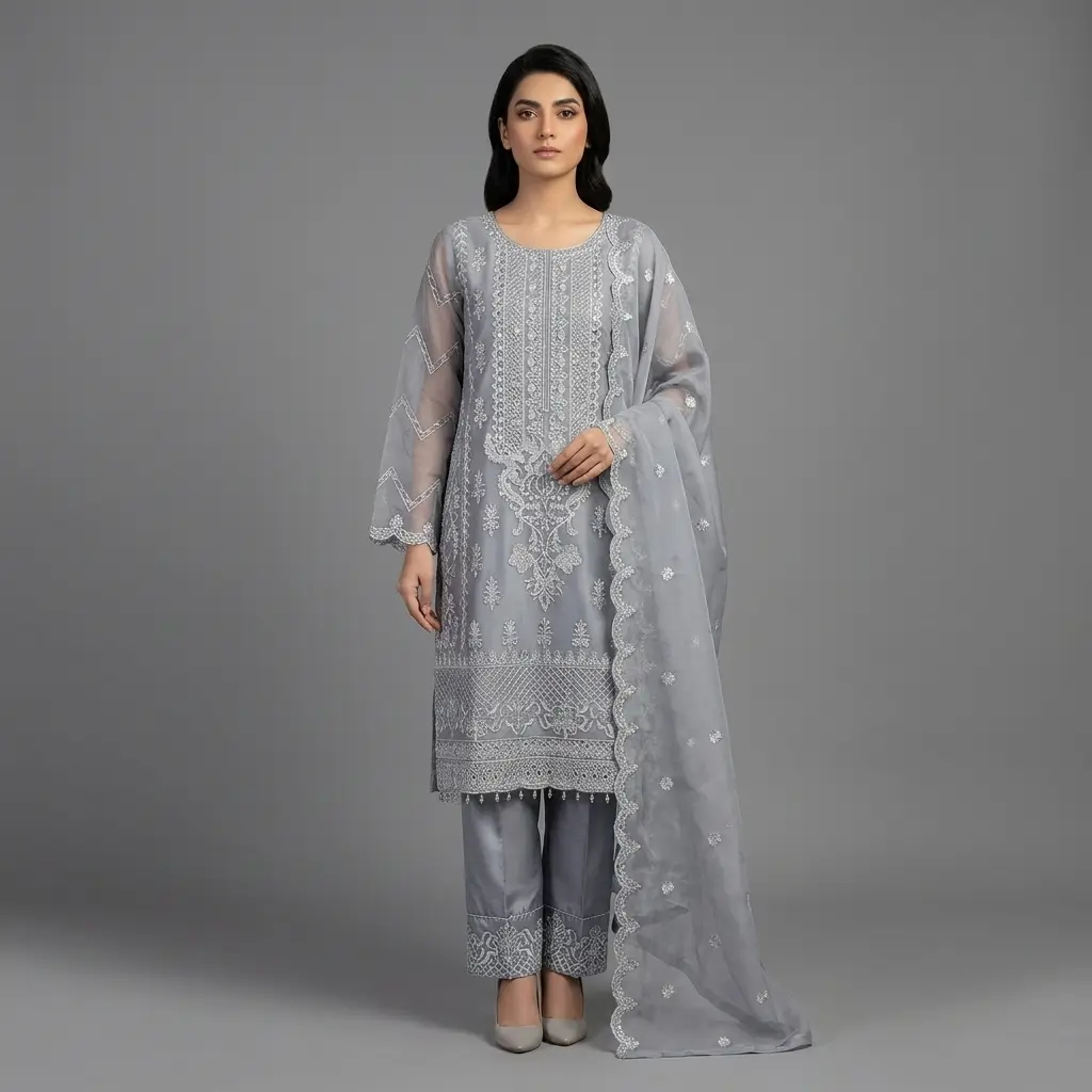 Premium Embroidered Organza 3-Piece Suit | KQ162 - Image 14