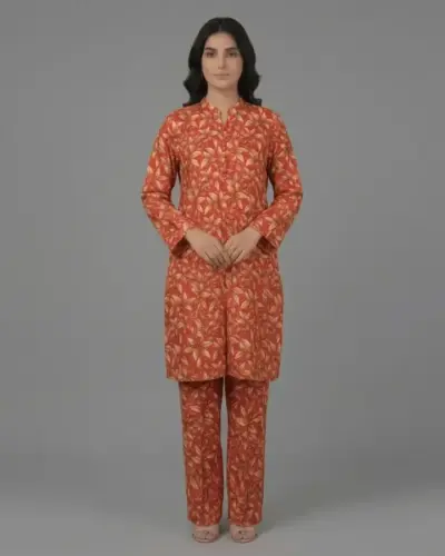 Printed Cotton Silk 2-Piece Suit - Orange | KQ166