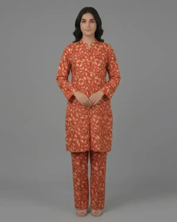 Printed Cotton Silk 2-Piece Suit - Orange | KQ166