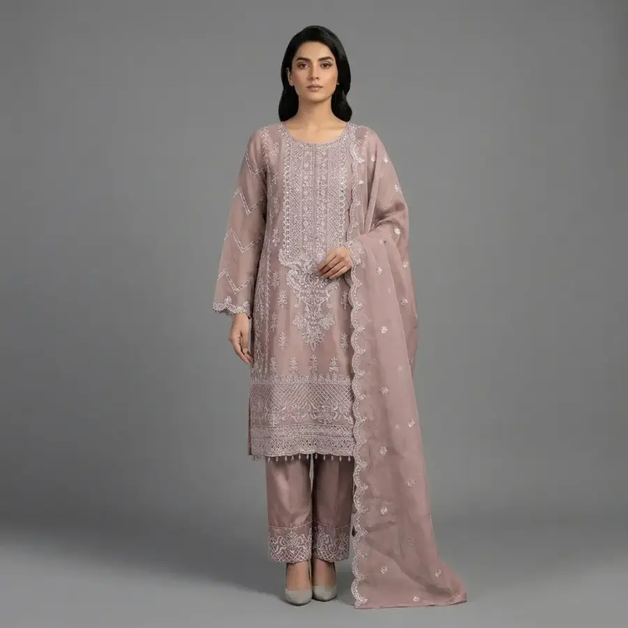 Premium Embroidered Organza 3-Piece Suit | KQ162 - Image 4