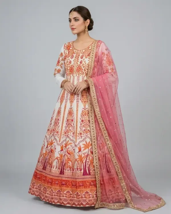 Full Mirror Block Printed Maxi with Kencan Pink Dupatta | KQ123