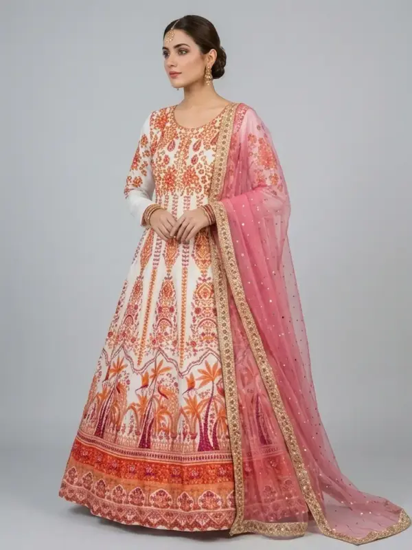 Full Mirror Block Printed Maxi with Kencan Pink Dupatta | KQ123