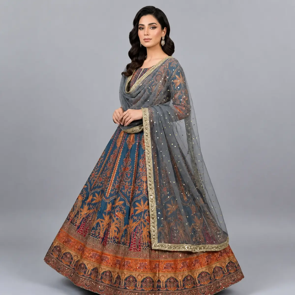 Full Mirror Block Printed Maxi with Kencan Zinc Dupatta | KQ124