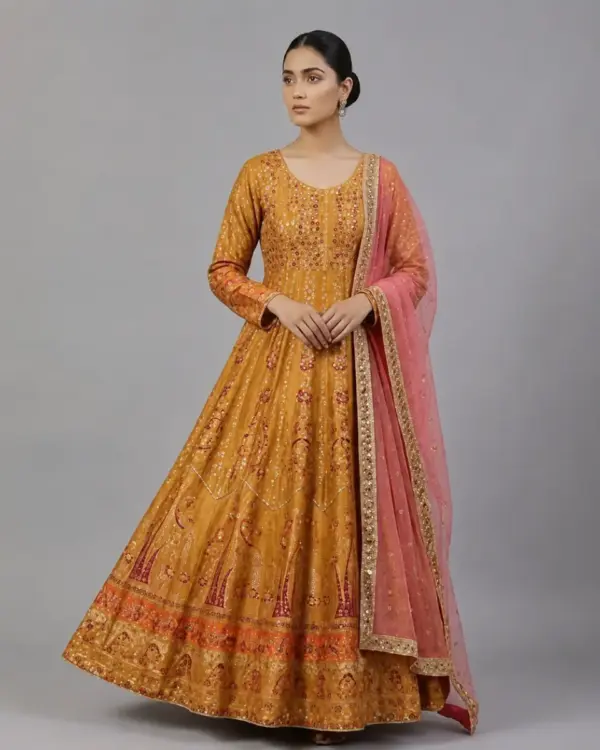 Full Mirror Block Printed Maxi with Kencan Pink Dupatta | KQ119
