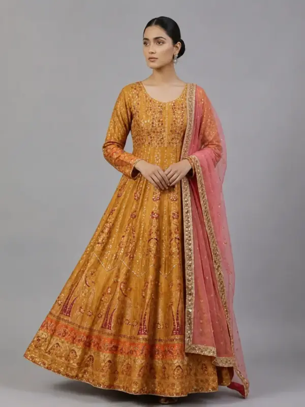 Full Mirror Block Printed Maxi with Kencan Pink Dupatta | KQ119