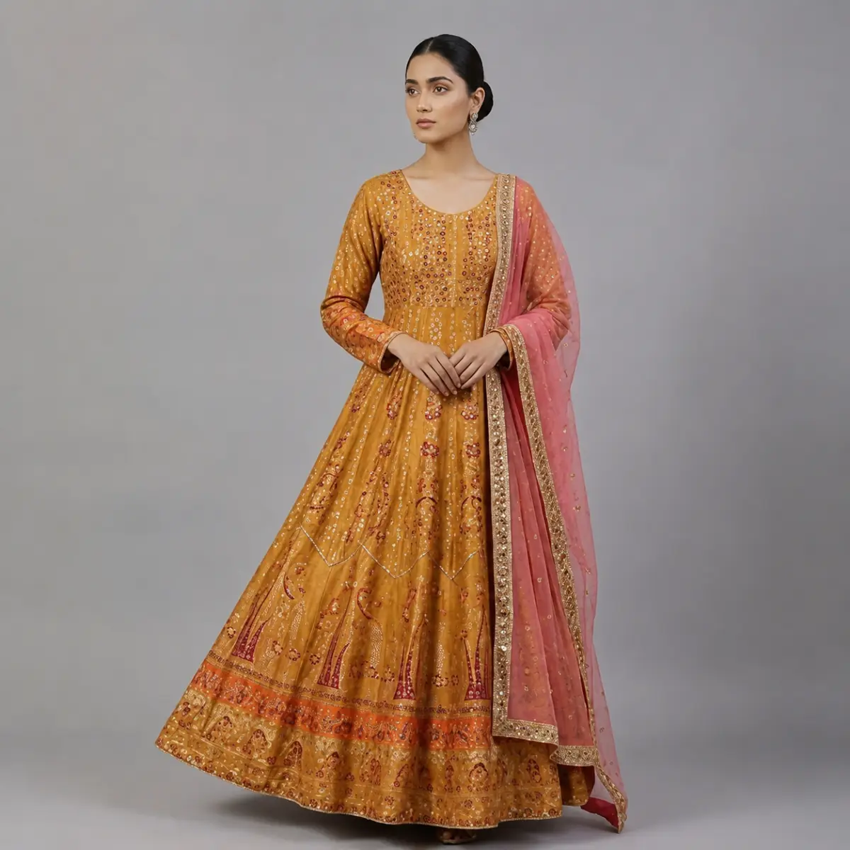 Full Mirror Block Printed Maxi with Kencan Pink Dupatta | KQ119